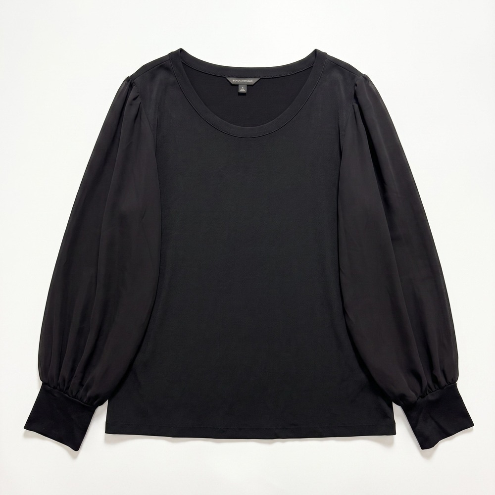 Banana Republic XL Black Womens Sheer Puff Sleeve Blouse Casual Preppy Vintage